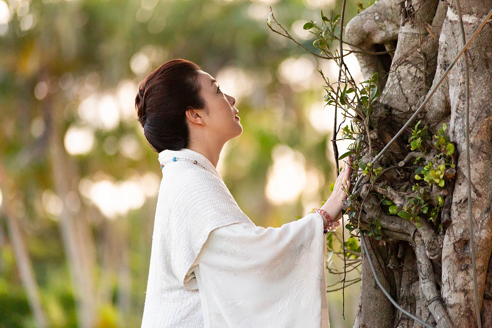 白い着物をまとい、樹木に手を添える天宮玲桜総裁